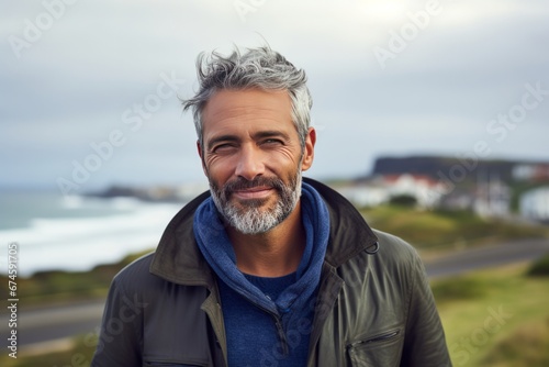 Mature smiling man outdoor portrait. AI generative