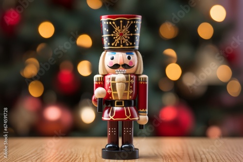 A Traditional Wooden Nutcracker Decorated in Bright Christmas Colors  Standing Tall Amidst a Festive Holiday Setting with Twinkling Lights and Snowflakes