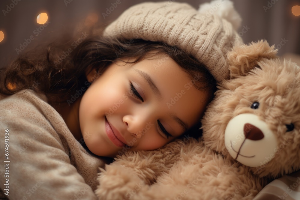 A heartwarming moment of a child embracing a plush toy, gifted to them on Christmas morning, their eyes sparkling with joy and gratitude