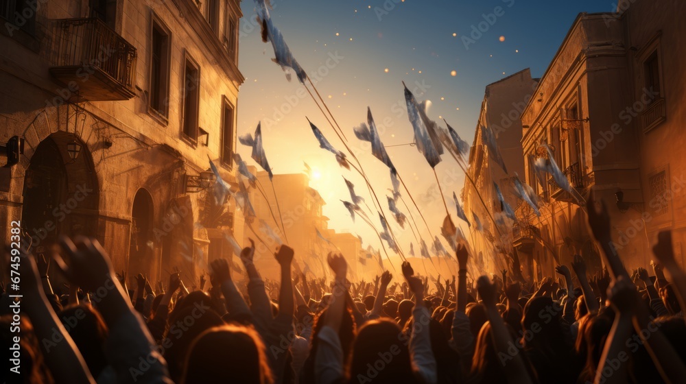 General view of huge crowd of people with raised hands under blue and white flags marching along evening city street. Israel Independence Day. Patriotic concept with national state symbol. - obrazy, fototapety, plakaty 