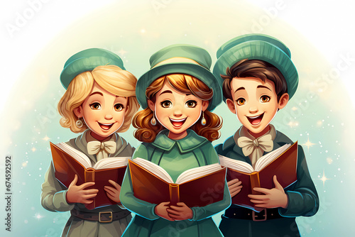 Group of children singing christmas carols with books in their hands, wearing traditional christmas carolers customs in green tones.