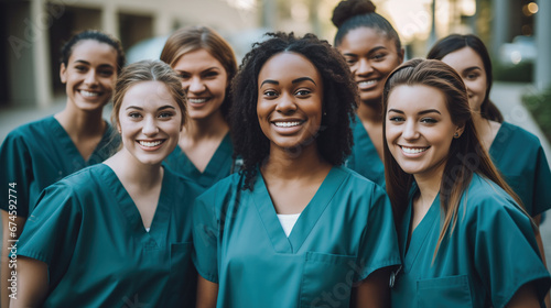 Portrait of female student doctors smiling happily in medical scrubs.