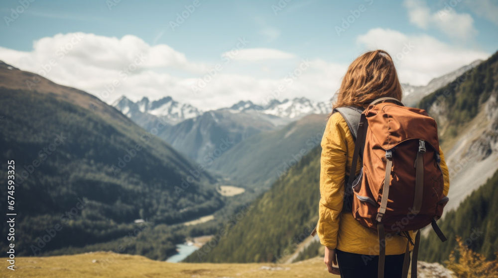 rear view traveller backpacker hiking walking up on top the landscape mountain looking at the contour of beautiful mountain peak and field nature scenery view point travel background concept