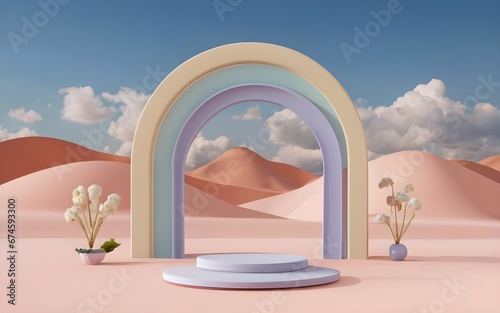 Abstract surreal landscape with arches and podium for product display. 3d rendering illustration