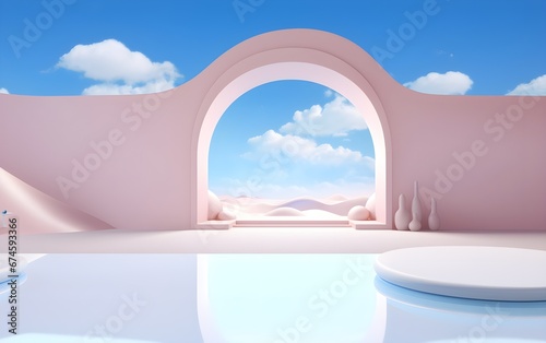 Abstract surreal landscape with arches and podium for product display. 3d rendering illustration © AmirsCraft