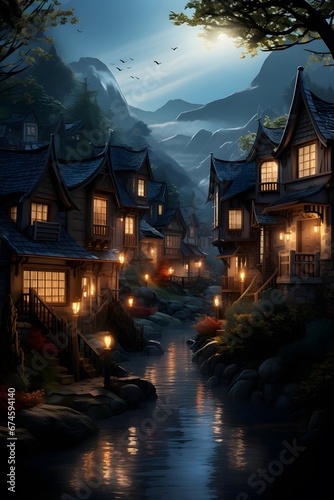 Houses in the forest at night with reflection in the water.
