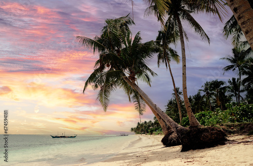 Beautiful sunset on the tropical coconut palm tree beach