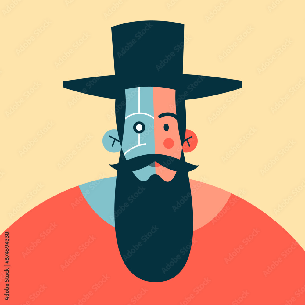 Half robot is Jewish. The creature is male. Flat vector illustration in cartoon style.