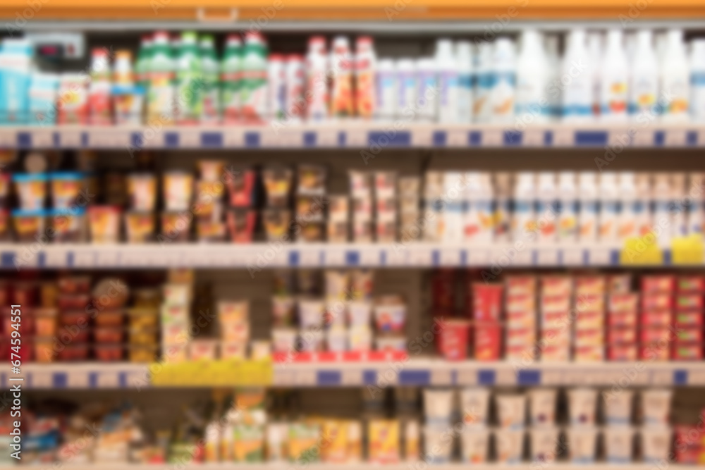 Blur abstract background. Grocery Store concept. Supermarket refrigerator with various products.
