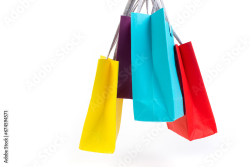 Paper shopping bags with handles on white background. Mockup for design. black Friday