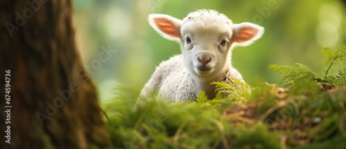 A Baby Sheep in Jungle blur background copy space