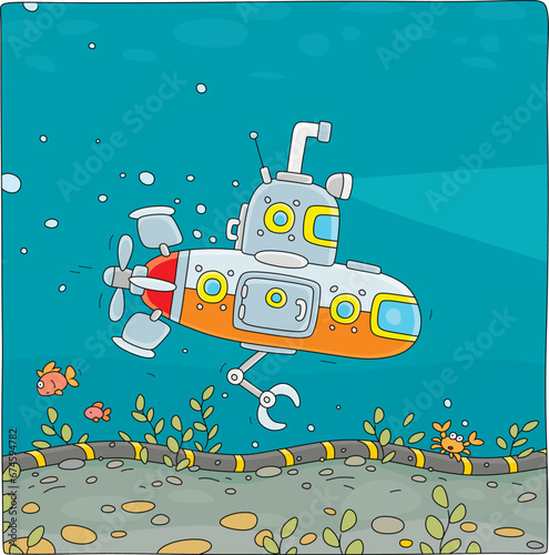 Midget submarine boat equipped with a robotic manipulator and shears going to cut a cable or an pipeline on the bottom of a sea, vector cartoon illustration