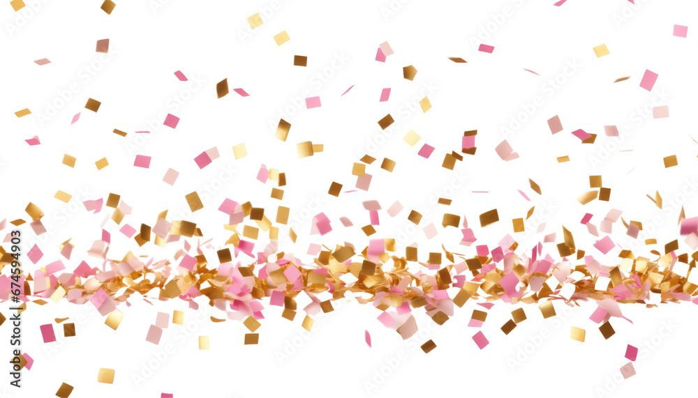 flying pink gold confetti isolated on transparent background cutout