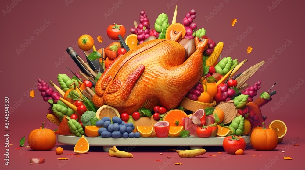 Fototapeta premium Cartoon promotional illustrations of pumpkins and turkeys celebrating Thanksgiving.generated with AI
