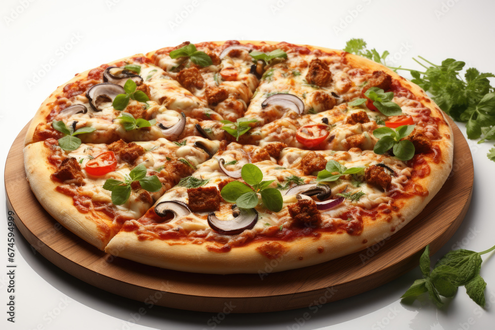 Vegan pizza with mushrooms. Light background. Generative AI