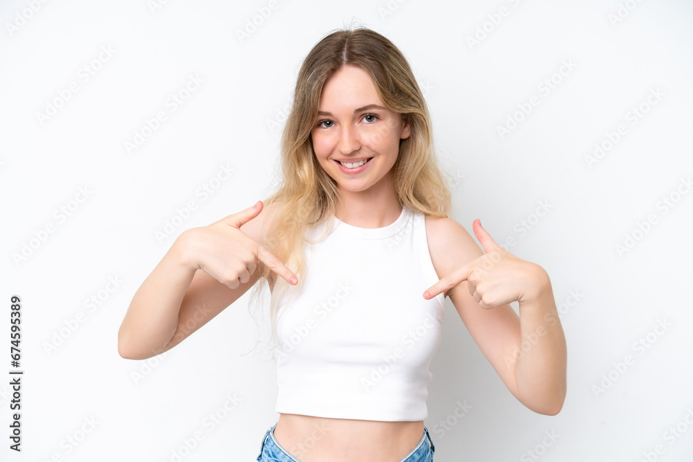 Blonde English young girl isolated on white background proud and self-satisfied