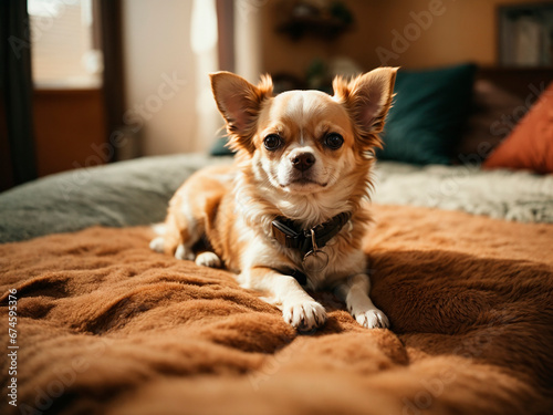 chihuahua lying on the bed photo