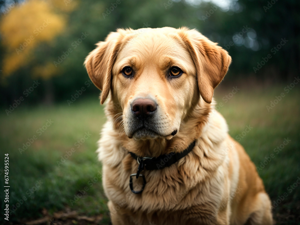 Labrador dog on the street against the background of the forest Labrador dog on the street against the background of the forest