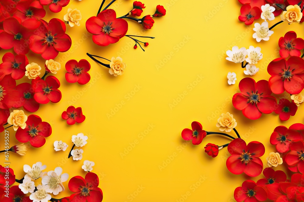 Cherry or sakura red and white flowers on bright yellow background. Greeting card template for wedding, mother's or woman's day. Springtime flat lay composition with copy space Cherry or sakura red and white flowers on bright yellow background. Greeting card template for wedding, mother's or woman's day. Springtime flat lay composition with copy space
