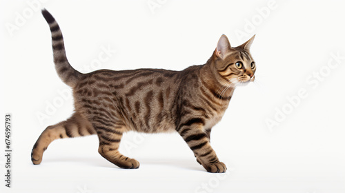 A beautiful tabby cat jumping full body on a white background