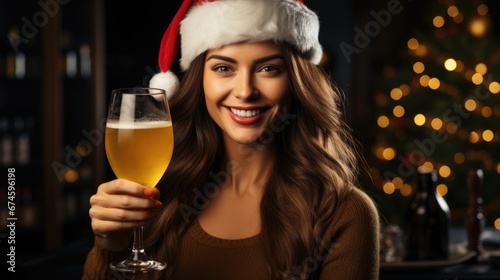 A happy woman dress up in Santa Claus hat at Christmas celebration party.