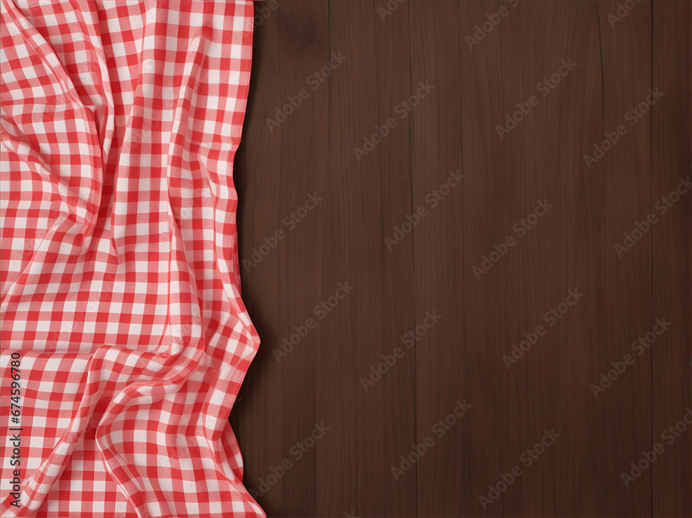 Red gingham tablecloth on wooden background