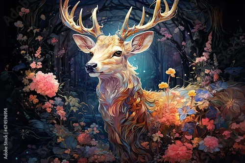 Fototapeta Bajkowy magiczny jeleń w fantastycznym lesie. 