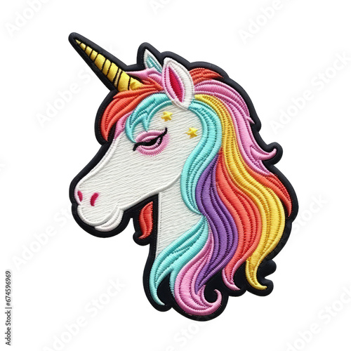Cute unicorn embroidery patch isolated on transparent background. Cute decoration for clothes and accessories