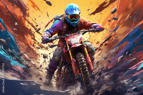 Obraz przedstawiający motocyklistę w akcji z kolorowym tłem i błotem unoszącym się z motocyklem. 