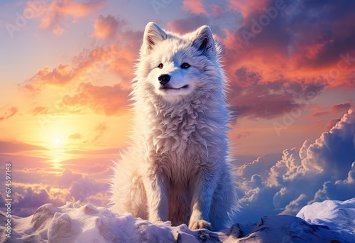 Biały wilk przy zimowym zachodzie słońca. 