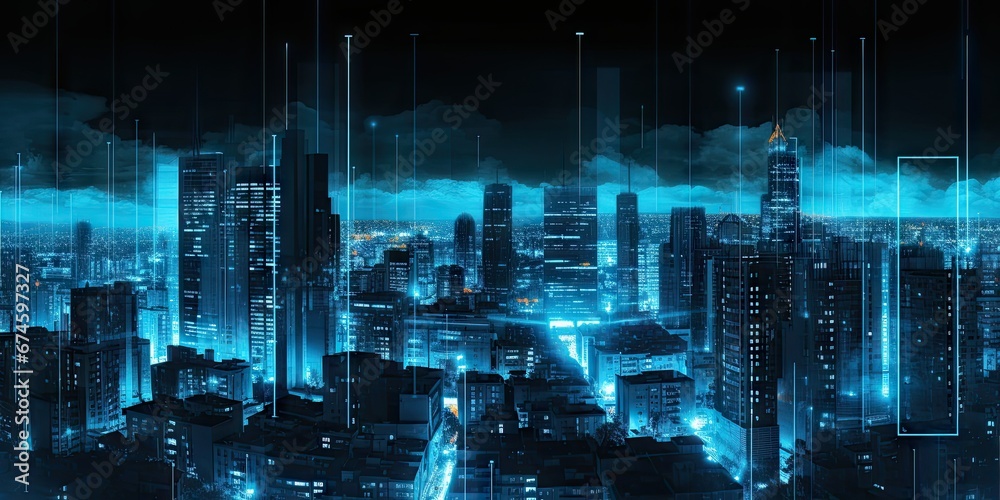 Digital networked cityscape. Futuristic skyscrapers and modern technology. Future urban architecture. Tech driven city skyline and innovations. Cybernetic