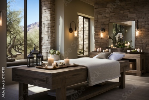 A serene spa room with soft  dimmed lighting  a massage table draped in luxurious linens.