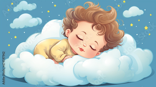 Baby sleeping on clouds cartoon with night sky in the background 