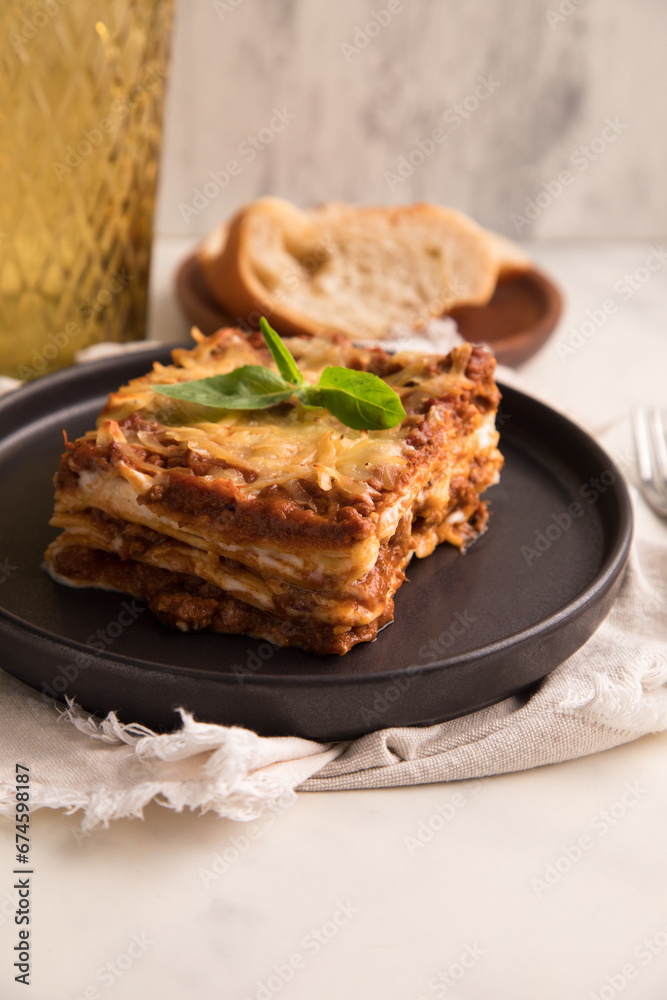 Bolognese tomato sauce traditional lasagna italian food served in a plate