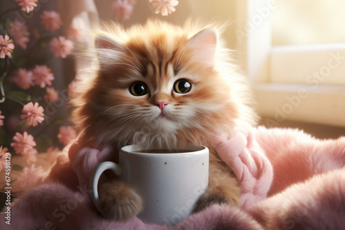 Sweet kitten with cup of coffee tee wrapped in pink blanket on blooming flowers sun light background. Cute cat concept