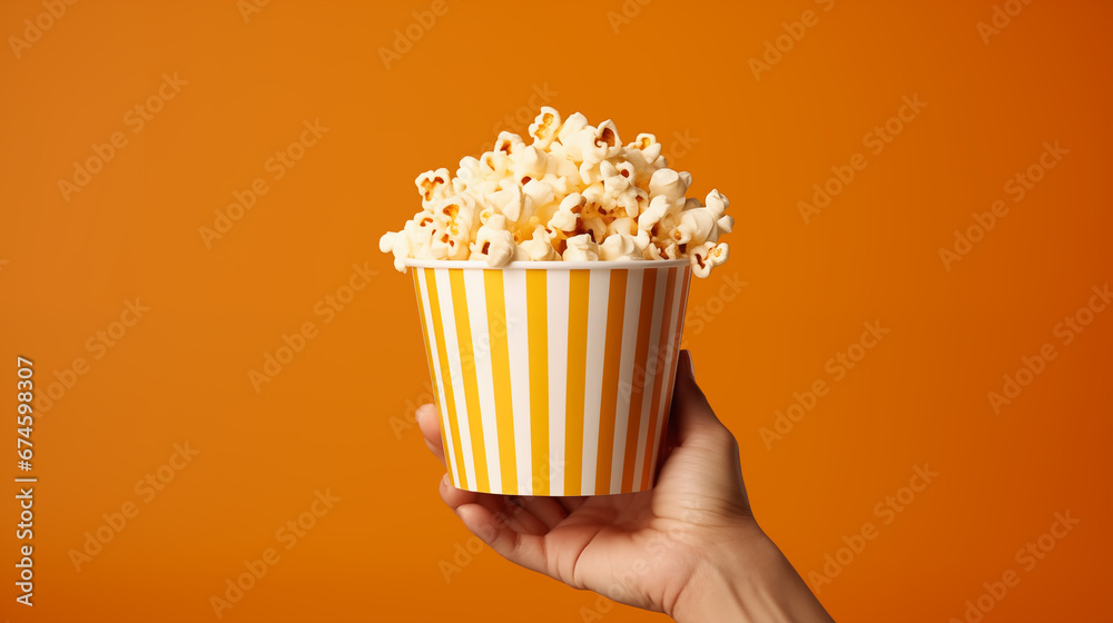 Popcorn paper bucket in the hands of a young girl preparing to watch a movie. Showtime. Eating delicious unhealthy sweet snacks. Going to cinema for a new film. Rest. Popcorn closeup. Generated AI