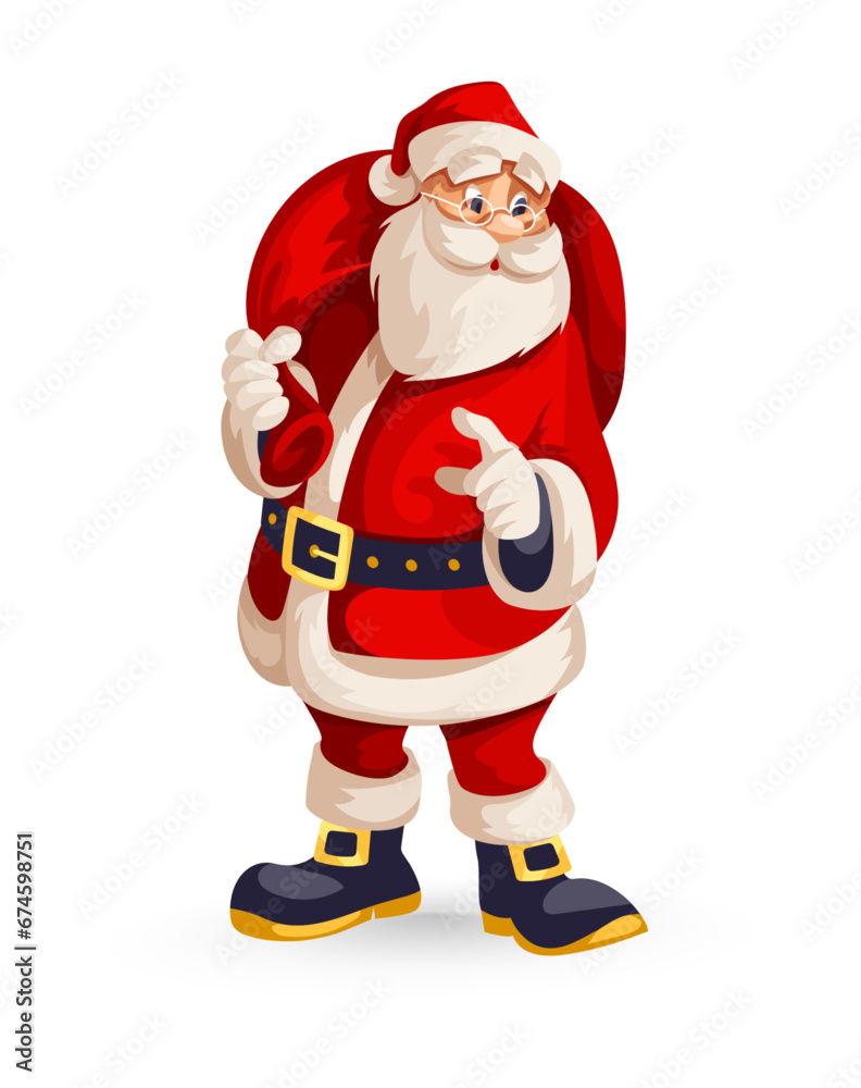 Merry Christmas Santa Claus Cartoon Character with big red Sack of gifts for christmas holiday. Isolated santa cartoon character. Vector illustration.