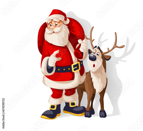 Merry Christmas Santa Claus Cartoon Character with big red Sack of gifts and his friend reindeer animal. Isolated santa cartoon character for christmas holiday. Vector illustration. © LoopAll