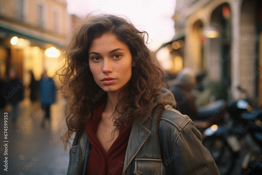 Portrait of a Modern, Stylish Young Woman in Downtown Rome, Italy Wearing a Leather Jacket
