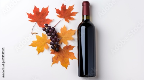 Wine bottle, ripe grapes and orange leaves isolated on white background. a bottle of red wine