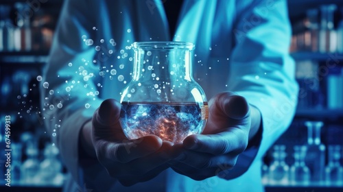 hand of a scientist holding a flask of lab glassware - science closeup photo