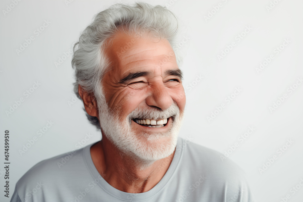 Joyful Senior Man with Gray Hair Smiling Happily Against a Plain Gray Background Joyful Senior Man with Gray Hair Smiling Happily Against a Plain Gray Background