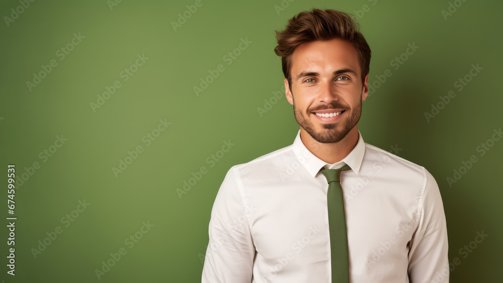 Smiling Southern European man, 20s, green studio setting Smiling Southern European man, 20s, green studio setting