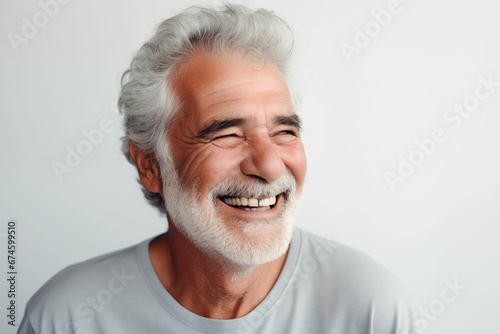 Joyful Senior Man with Gray Hair Smiling Happily Against a Plain Gray Background