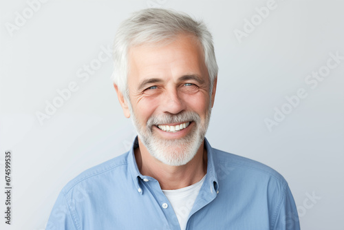 Portrait of a Jubilant Elderly Gentleman with Gray Hair Smiling Happily Against a Plain Gray Background