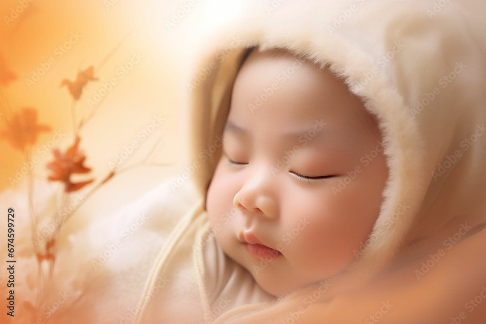 Peaceful Slumber: Chinese Newborn Baby Sleeping Calmly with Eyes Closed