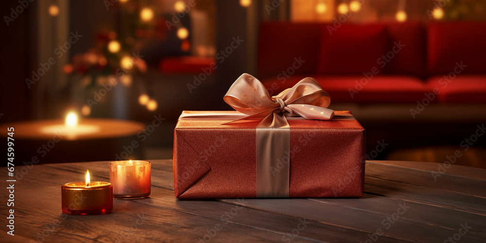 Wrapped Present: Single Gift Box with Ribbon Sitting Alone on a Wooden Table in a Room Wrapped Present: Single Gift Box with Ribbon Sitting Alone on a Wooden Table in a Room