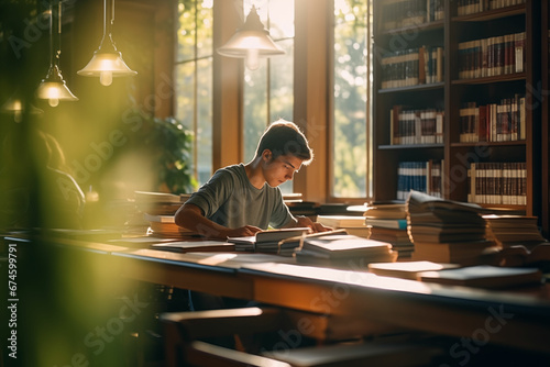 A Day in the Life: Engrossed Student Studying Diligently in a University Library amid Natural Daylight