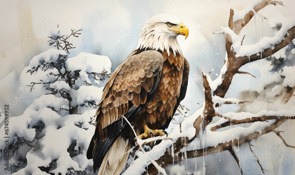 Obraz premium Bald Eagle Perched in Snow-Dusted Tree, Confronting Harsh Winter, A Bottle of Alcohol and Ink Nearby