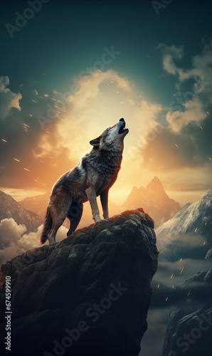 Majestic Wolf Howling Against the Backdrop of a Lustrous Full Moon from a Cliff Edge photo